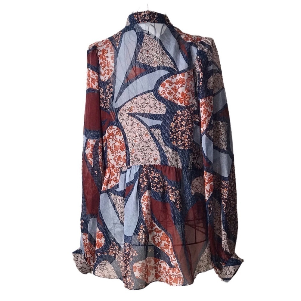 Shoshanna Silk Chiffon Floral Paisley Patchwork Tie Neck Blouse - Picture 5 of 13